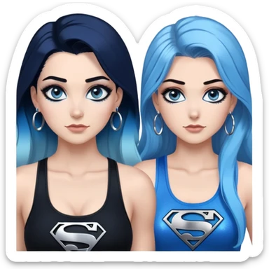 Full body-very very large chest-gorgeous face-black leggings-very long very straight dark blue to light blue ombre hair-and-blue eyes-a lot of black eyeliner-thick long eyelashes-sky blue low cut tanktop with glitter superman logo-silver hoop earrings sticker