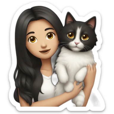 A girl with long dark hair and a white fluffy cat on her right shoulder sticker