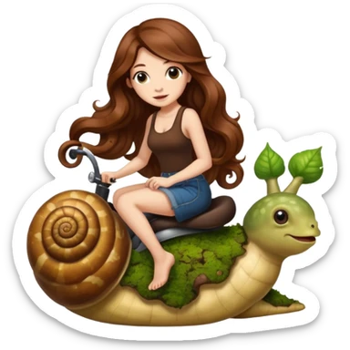 cute woman long wavy brown hair tattoos riding moss snail sticker