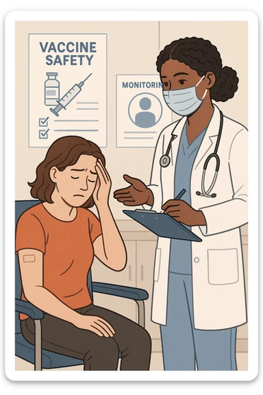 Vertical, educational medical illustration: a healthcare professional observes a patient who appears unwell after receiving a vaccine. The patient sits in a clinic chair, showing mild symptoms such as fatigue or headache, while the professional takes notes and offers reassurance. The background includes educational posters about vaccine safety and monitoring. sticker