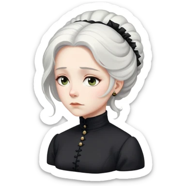 A Victorian woman with elegant coiffed white hair and light eyes wearing a modest unadorned black turtleneck mourning dress looking down with a forlorn expression sticker