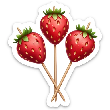 three strawberries on a wooden skewer coated in shiny sugar glaze sticker