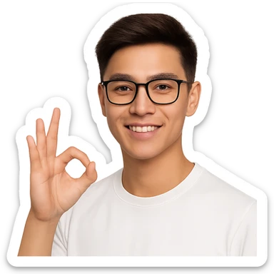 a young Asian man with cool brown short hair, wearing black framed glasses, a white top, making an OK gesture with his right hand, and smiling confidently sticker