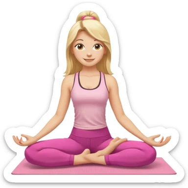 Create a young woman with long blonde hair, golden eyes, and medium-light skin tone, wearing a light pink tank top and leggings. She should be doing yoga, with a smile sticker