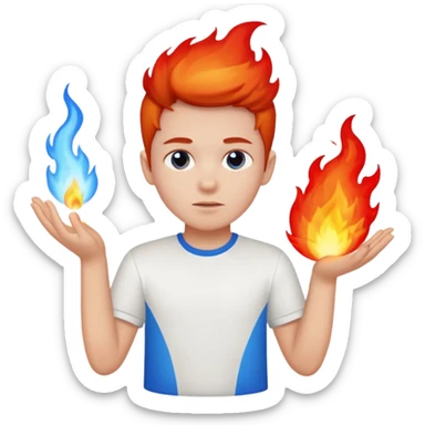 A boy with no hands fire instead made out of red fire and blue fire on a white shirt that the boy is wearing  sticker