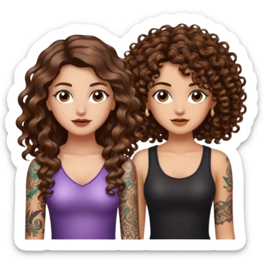 glitter blast — long wavy brown hair tattooed woman and short tight curly brown hair woman — sparkle covered sticker