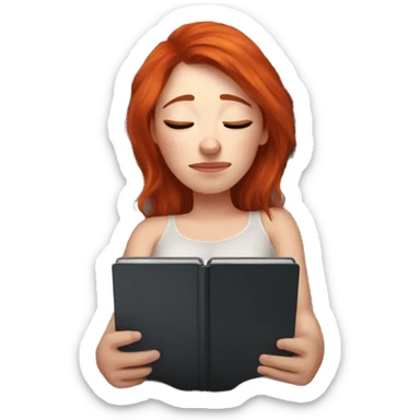 Tired girl with red hair in bed with kindle sticker