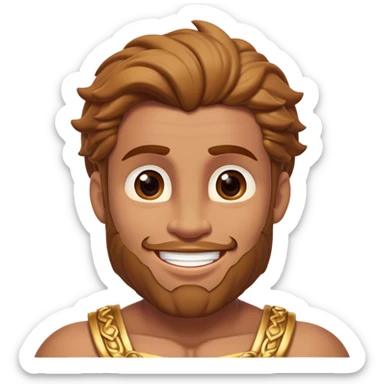 Cinematic Realistic Hercules Portrait, head tilted playfully and inquisitively, showcasing his formidable build softened by a warm, inviting smile. His eyes sparkle with a sense of mirth and determination, while his detailed attire and natural highlights capture the essence of a mighty hero with a friendly spirit. sticker