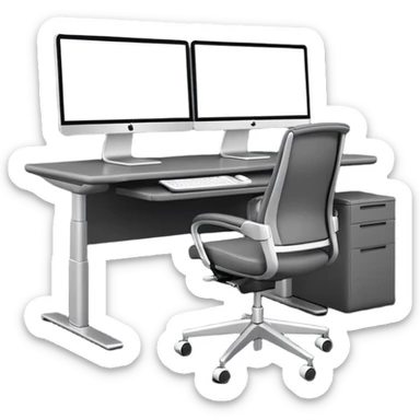 3D minimal icon of a wide height-adjustable motion desk with dual monitors and a modern ergonomic office chair, with a subtle accent in #FF3D00. Clean and high-end style. sticker