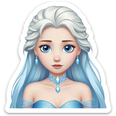 Cinematic Elegant Snow Queen Portrait Emoji, rendered in a realistic, vector-style with minimal shading and bold, simplified shapes. Depict Elsa (chest and above) with icy pale skin, long flowing platinum hair, and piercing blue eyes that exude quiet power, dressed in a shimmering ice-blue gown. The image glows with a soft, frosty radiance and high shine, capturing her ethereal, regal beauty. sticker