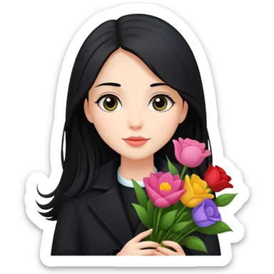 beautiful girl with long black hair wearing a black coat holding a bouquet of flowers sticker