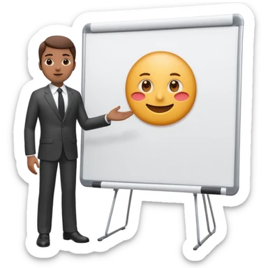 A clean emoji-style illustration of a person giving a presentation, standing next to a large presentation board on a stand, board is white and there is nothing on it, the board is oversized and clearly visible, no podium, no desk, no table, friendly proportions, soft 3D emoji style sticker