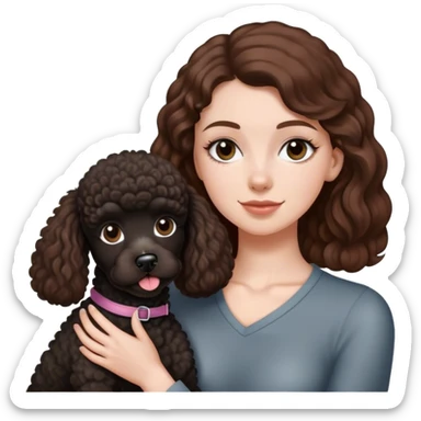 a white girl with brown hair and a black french poodle dog sticker