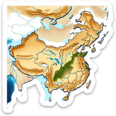 Cinematic-realistic outline of china, featuring its distinct landmass with accurately defined coastlines. The deep blue ocean surrounds the golden-brown continent, with subtle topographic shading to highlight its terrain. A soft glowing effect enhances the edges, making the shape stand out against a neutral, textured background. sticker