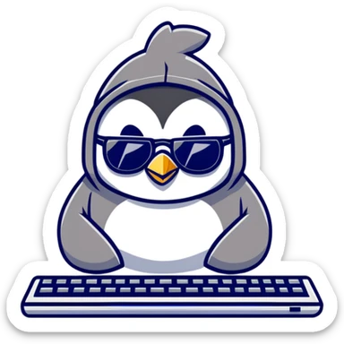 A cool penguin wearing a hoodie with sunglasses perched on head, typing with one flipper on a sleek keyboard sticker