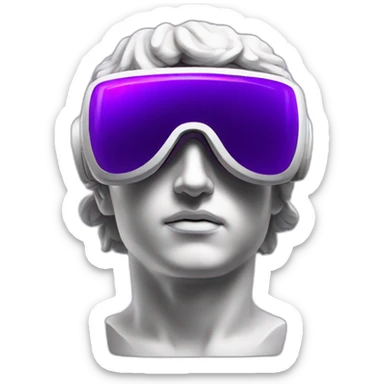 an EMOJI OF A ancient young greek statue, wearing VR headset, purple colors, DIGITAL UNIVERSE sticker