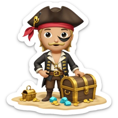 A 3D cartoon pirate with one eye covered by a black eye patch, holding a treasure chest of gold, wearing a hat, standing on sand, Memoji-style. sticker