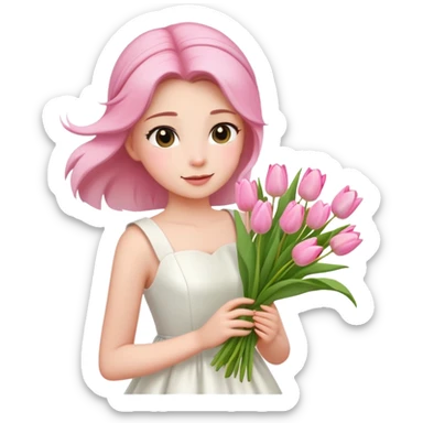  A girl with a half-up half-down hairstyle, and a white dress, enjoying the spring breeze.Holding a bundle of pink tulips sticker