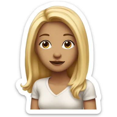  blonde girl with brown eyes sitting on a bed sticker