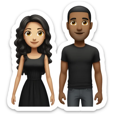 A brunette girl with long hair in a black dress stands next to a tall guy with a short-haired black mulatto sticker