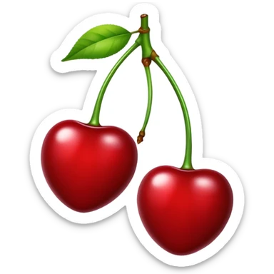 Pair of glossy red cherries with green stem, fruit sticker