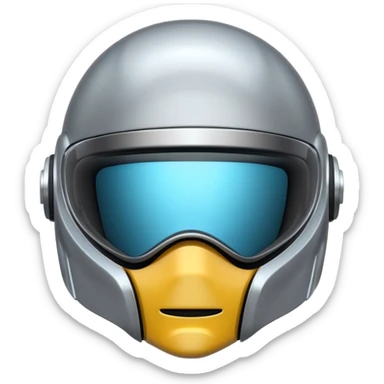 A futuristic helmet emoji made of silver chrome, smooth aerodynamic shape, minimal visor detail, reflective metallic surface, sci-fi aesthetic, iOS emoji style, centered on clean white background sticker