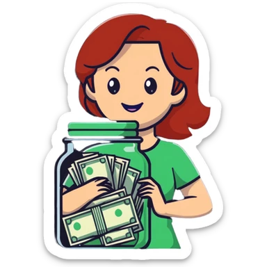 redhead woman with big smile holding glass jar with money bills inside sticker