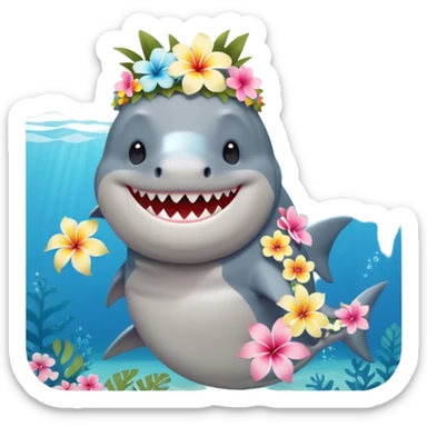 A cute chubby shark with hawaii pastel flower necklace and hawaiian flower crown, posing proudly. sticker
