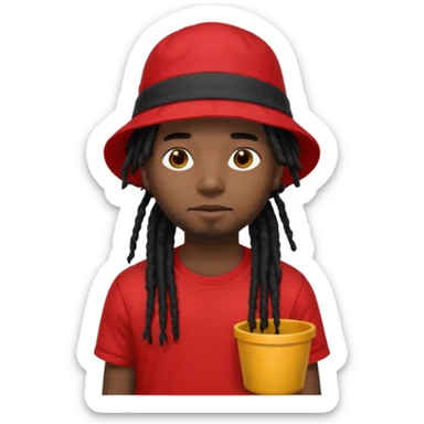 dark brown skin, black hair dreadlocks, wear red t-shirt, black bucket hat sticker