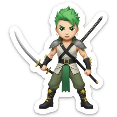 Muscular scarred warrior, short spiky moss-green hair, sharp steel-grey eyes, strong jaw, serious stare. Black trousers, boots, green sash with three katanas, open white coat, three gold earrings. Cinematic, ultra-realistic. sticker