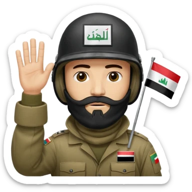 surrenders, depicts an Iraqi soldier from 1980, with a beard, in a helmet, a helmet with sign flag Iraq, with a balaclava, with sad eyes and both hands raised up sticker