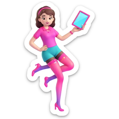 Cute girl character in stockings adjusting fashion accessory, pink gradient from bright pink to light pink, transparent glass style with highlights sticker