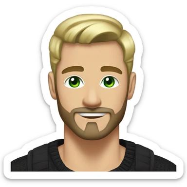 Muscular tall man with green eyes withour beard and mustache dirty blonde short straight hair brushed back, wearing a black sweater in a casual style, loves old-money aesthetic sticker