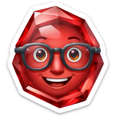 A single red crystal gemstone character wearing glasses, chunky and irregular with faceted very sharp sides, smile, , high detail, sticker
