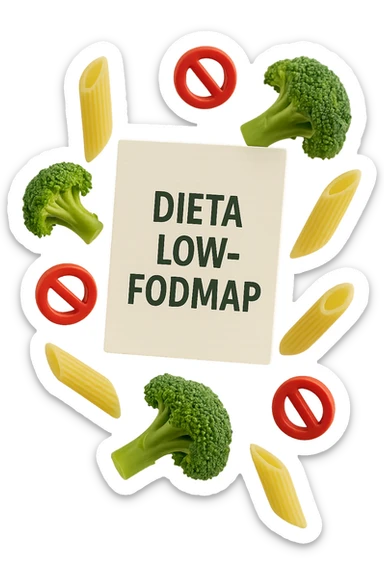 BROCCOLETTI E PENNE DI PASTA RIGATE FLUTTUANO IN ARIA insieme a piccoli divieti 3d, DAVANTI A LORO FLUTTUA UN FOGLIO CON LA SCRITTA "dieta low-fodmap" sticker