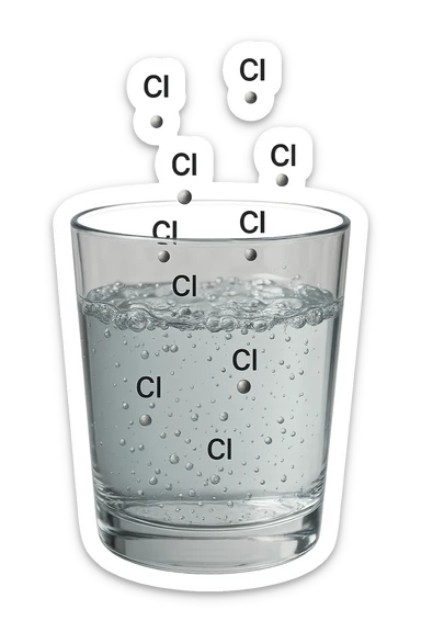 un bicchiere di acqua realistico e dettagliato fluttua in aria, dentro l'acqua del bicchiere ci sono particelle di cloro ben visibili con la scritta "Cl" sopra, ci sono particelle anche che escono dal bicchiere e fluttuano in aria verticalmente, mentre alcune sono all'interno dell'acqua nel bicchiere, iperrealistico 4k sticker