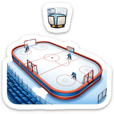 An icon showing a hockey stick, puck, skates, and goalposts on the ice. The background features a large hockey stadium with cheering fans, bright lights, and a snowy landscape visible through the arena. sticker