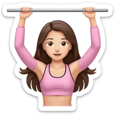 white happy brunette teen long hair with hazel eyes in light pink workout clothes doing a pullup sticker