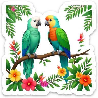Close-up collage of vibrant Ara parrots and Inca cockatoos sitting on tree branches, surrounded by lush greenery. Bright colors of the birds stand out against a natural, sunny background of trees and flowers. Transparent background. sticker