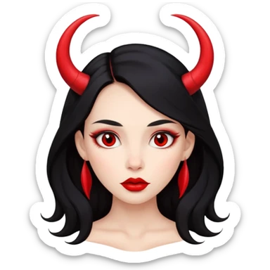 A skin red girl's face with cheekbones, long black hair, small red horns, big lips sticker