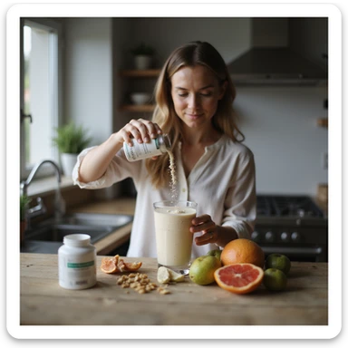 A woman in her 30s pouring inositol powder into her morning smoothie, kitchen counter with supplements and fresh fruits, soft natural lighting, realistic lifestyle photography, focused expression sticker