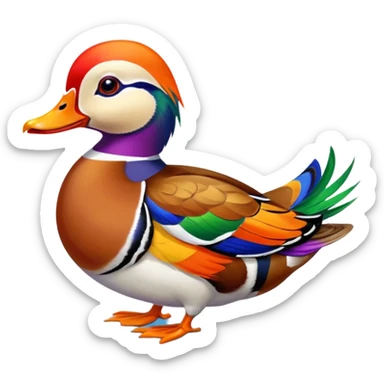 Hyperrealistic, mirco-detailed,  male Mandarin Duck, in the lake,  with brightly colored plumage marked by bright orange, green, red, yellow, and purple, still life, 4k. No emoji icons, no emoji faces  sticker