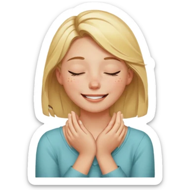 Happy blonde girl with eyes closed and mouth smiling and hands cupped around her neck sticker
