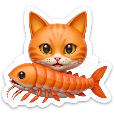 A cute 3D hybrid creature combining a cat and a shrimp, with a cat’s head and a shrimp’s body, bright orange tones, big expressive eyes, smiling face, cartoon style, soft lighting, smooth textures, emoji-like design, high-quality digital illustration. sticker