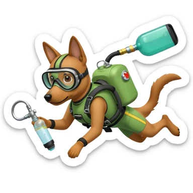 dog wearing scuba green gear dive into the sea with diver mask and oxygen tank sticker