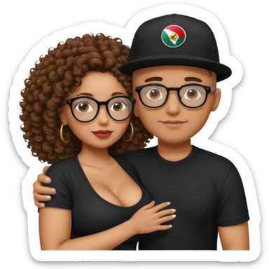 A picture of a tanned couple embracing. the guy is Mexican, with a bald hair cut and he has a SnapBack hat on. The girl is mixed, the girl is wearing a black shirt, the girl has brown curly big hair and the girl has big boobs and the girl wears glasses but the man doesn't  sticker