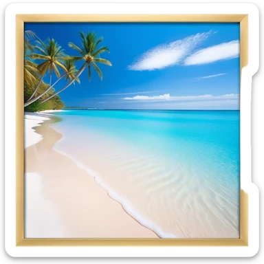 Cinematic Realistic Pristine Crystal-Clear Water Beach Emoji in a wooden frame, Sunny and radiant, with soft golden sand stretching endlessly, gently lapping waves of crystal-clear turquoise water washing onto the shore. The water is so transparent it reveals the shimmering seabed below, creating an idyllic, pristine setting. Above, the sky is a vivid blue, with a few gentle wisps of clouds. Palm trees sway gracefully in the warm breeze, their reflections mirrored in the water. Soft glowing outline, capturing the essence of a peaceful, serene beach paradise where every element gleams with natural beauty. sticker