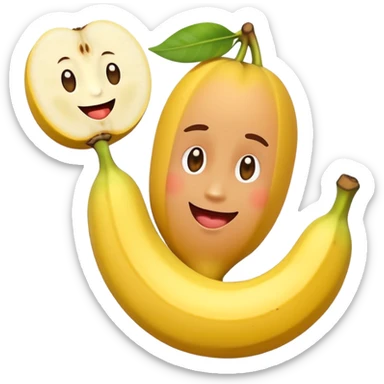 A playful cartoon emoji character holding a peeled banana with two round fruits, like peaches or melons, placed at the base. The style is cute, humorous, and exaggerated, similar to popular emoji art. Bright colors, clean vector lines, and a cheeky expression. sticker