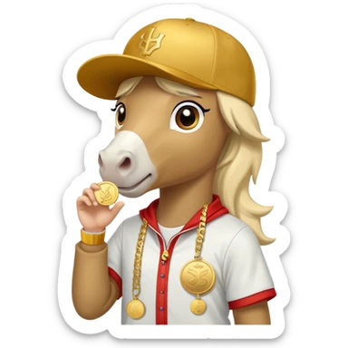 anthropomorphised horse in a hip-hop outfit, wearing a gold medal and a baseball hat sticker