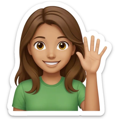 smiling girl with long brown hair, middle hair part, waving, green shirt sticker